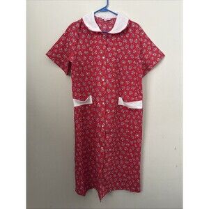 Vtg Heather Collection Red Floral House Coat Medium Grannycore Short Sleeve USA